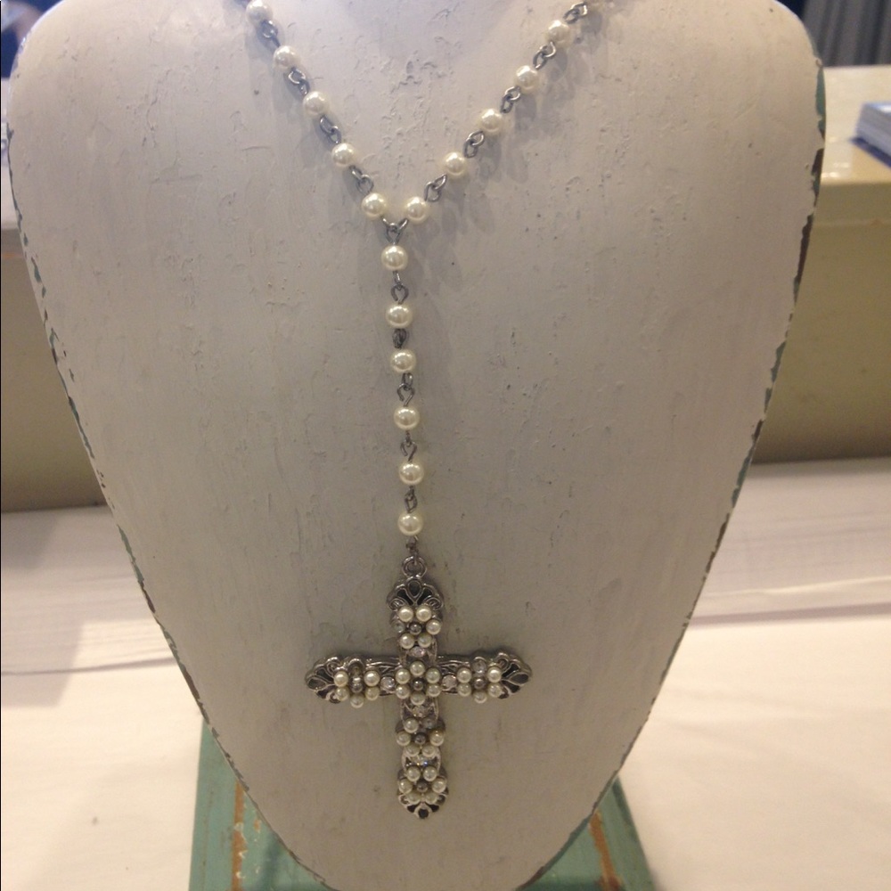 Rosary style pearl and cross necklace